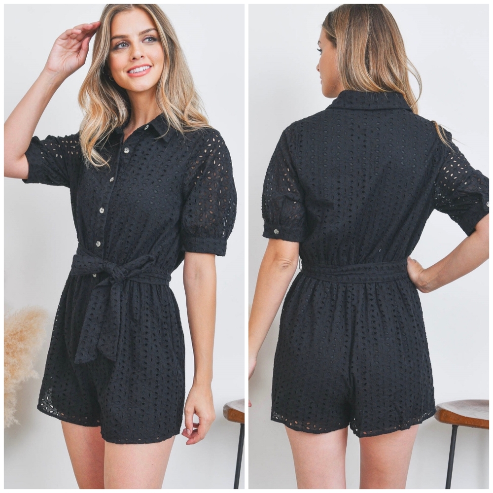 BLUE BLUSH Boho Vintage Chic Black Eyelet Romper
